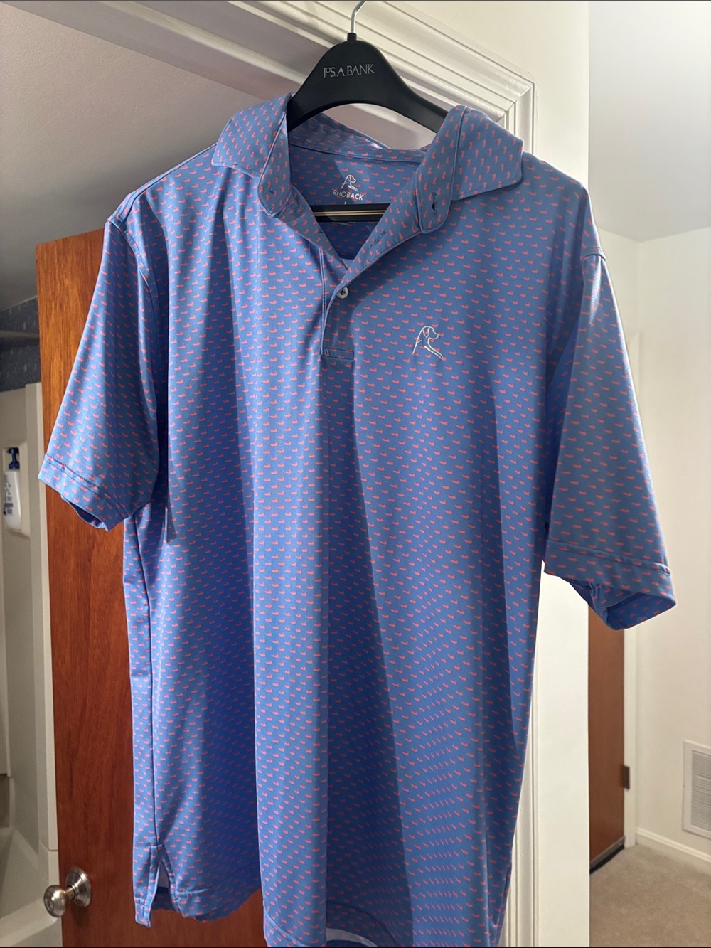 RHONE Men’s Blue Polo with Pink Micro-Print